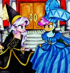 Size: 2967x3072 | Tagged: safe, artist:liaaqila, diamond tiara, scootaloo, equestria girls, g4, clothes, commission, costume, curtsey, dress, gown, hat, hennin, high res, jewelry, looking at each other, necklace, traditional art