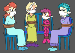 Size: 2067x1470 | Tagged: safe, artist:bugssonicx, aunt holiday, auntie lofty, mane allgood, scootaloo, human, equestria girls, g4, arm behind back, bondage, bound and gagged, cloth gag, clothes, costume, female, footed sleeper, footie pajamas, gag, help us, kigurumi, nightgown, onesie, over the nose gag, pajamas, rope, rope bondage, tied to chair, tied up