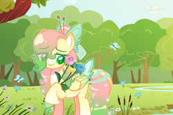 Size: 1280x854 | Tagged: safe, artist:fourteennails, fluttershy, butterfly, pegasus, pony, g4, alternate design, base used, bow, eye clipping through hair, female, flower, flower in hair, forest, gradient mane, hair bow, mare, solo, tail bow, unshorn fetlocks