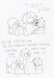 Size: 1600x2300 | Tagged: safe, artist:datspaniard, oc, oc:silvertip, oc:sweet dreams, earth pony, pony, unicorn, adult foal, bed, cute, monochrome, pacifier, plushie, sabaton, song reference, world war ii