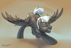 Size: 3000x2000 | Tagged: safe, artist:jedayskayvoker, thunderlane, pegasus, pony, g4, colored, colored sketch, eyes closed, full color, gradient background, grin, high res, male, sketch, smiling, solo, spread wings, stallion, stretching, stupid sexy thunderlane, wings