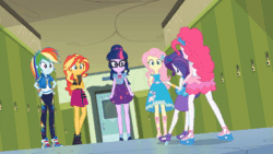 Size: 600x338 | Tagged: safe, screencap, fluttershy, pinkie pie, rainbow dash, rarity, sci-twi, sunset shimmer, twilight sparkle, equestria girls, equestria girls series, g4, holidays unwrapped, o come all ye squashful, spoiler:eqg series (season 2), animated, canterlot high, carrying, clothes, crossed arms, cutie mark, cutie mark on clothes, fireman carry, geode of empathy, geode of fauna, geode of sugar bombs, geode of super speed, gif, hallway, jewelry, lockers, magical geodes, marshmelodrama, necklace, ots carry, over the shoulder, pencil skirt, rarity being rarity, rarity peplum dress, running, skirt