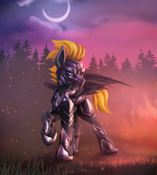 Size: 2550x2850 | Tagged: safe, artist:richmay, oc, oc:blaze (shadowbolt), pegasus, armor, armored pony, chainmail, fire, forest, high res, looking at you, moon, night guard, night guard armor, pegasus oc, slit pupils, wings
