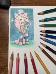 Size: 3024x4032 | Tagged: safe, artist:lost marbles, pinkie pie, earth pony, pony, g4, clothes, colored pencil drawing, female, hat, nightcap, pajamas, solo, teddy bear, traditional art