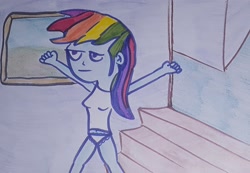 Size: 1706x1178 | Tagged: safe, artist:dex stewart, rainbow dash, human, equestria girls, g4, belly button, clothes, lingerie, solo, stairs, traditional art, underwear