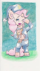 Size: 936x1659 | Tagged: safe, artist:lost marbles, pinkie pie, earth pony, pony, clothes, female, hat, nightcap, one eye closed, open mouth, pajamas, rubbing eyes, sleepy, solo, teary eyes, teddy bear, traditional art, yawn