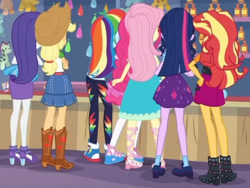 Size: 2553x1920 | Tagged: safe, screencap, applejack, fluttershy, pinkie pie, rainbow dash, rarity, sci-twi, sunset shimmer, twilight sparkle, equestria girls, equestria girls specials, g4, my little pony equestria girls: better together, my little pony equestria girls: rollercoaster of friendship, applejack's hat, boots, clothes, converse, cowboy boots, cowboy hat, cropped, cutie mark, cutie mark on clothes, female, fluttershy boho dress, hat, high heels, hoodie, humane five, humane seven, humane six, photo booth (song), ponytail, rarity peplum dress, rear view, shoes, sneakers