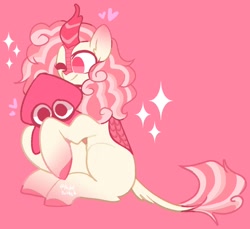 Size: 1274x1169 | Tagged: safe, artist:softpound, oc, oc only, kirin, squid, cuddling, heart, smiling, solo, sparkles