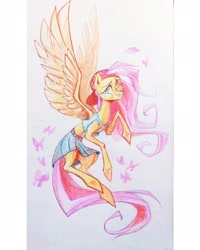 Size: 1660x2074 | Tagged: safe, artist:miss_glowwormis, fluttershy, butterfly, pegasus, pony, g4, 90s grunge fluttershy, backwards ballcap, baseball cap, cap, clothes, colored pencil drawing, cute, female, flying, hat, looking at you, mare, pencil drawing, shyabetes, skirt, smiling, solo, spread wings, tank top, three quarter view, traditional art, wings