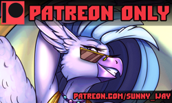 Size: 1200x718 | Tagged: safe, artist:sunny way, silverstream, hippogriff, anthro, g4, advertisement, cute, exclusive, fanart, feather, female, patreon, patreon exclusive, patreon logo, pinup, smiling, solo, sunglasses, wings