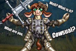 Size: 1280x854 | Tagged: safe, artist:korencz11, arizona (tfh), cow, them's fightin' herds, armor, arms spread out, bipedal, casual, community related, crossover, dark souls, giantdad, giants, looking at you, mask, meme, pun, solo, sword, text, underhoof, weapon, zweihander