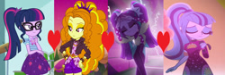 Size: 1784x600 | Tagged: safe, edit, edited screencap, screencap, adagio dazzle, aria blaze, sci-twi, sonata dusk, twilight sparkle, equestria girls, equestria girls specials, find the magic, g4, my little pony equestria girls: better together, my little pony equestria girls: sunset's backstage pass, overpowered (equestria girls), female, lesbian, polyamory, polygamy, ship:sci-twinata, ship:twinata, shipping, shipping domino