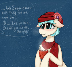 Size: 3552x3306 | Tagged: safe, artist:mix333, derpibooru exclusive, coco pommel, earth pony, pony, g4, blushing, breath, chocolate, clothes, cocobetes, cute, female, floppy ears, food, hat, high res, hot chocolate, implied rarity, mare, marshmallow, mug, offscreen character, scarf, simple background, smiling, snow, snowfall, solo, steam, text