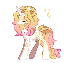 Size: 1609x1577 | Tagged: safe, artist:beautifulspaceshow, oc, oc only, oc:golden champagne, pony, unicorn, clothes, eyes closed, female, mare, markings, multicolored hair, shirt, simple background, socks, solo, stockings, thigh highs, white background
