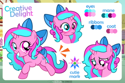 Size: 1200x798 | Tagged: safe, artist:jennieoo, oc, oc only, oc:creative delight, pony, unicorn, female, filly, foal, happy, heterochromia, reference sheet, ribbon, running, sad, show accurate, shy, smiling, solo, vector