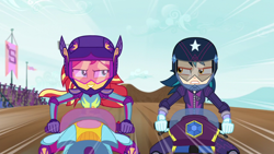 Size: 1920x1080 | Tagged: safe, screencap, indigo zap, sunset shimmer, equestria girls, g4, my little pony equestria girls: friendship games, clothes, friendship games motocross outfit, friendship games outfit, gloves, motocross outfit, motorcross, motorcycle, motorcycle outfit, tri-cross relay outfit