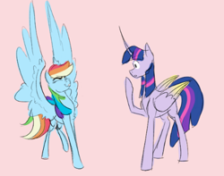 Size: 492x387 | Tagged: safe, artist:mushroompone, rainbow dash, twilight sparkle, alicorn, pegasus, pony, g4, chest fluff, colored wings, colored wingtips, curved horn, cute, dashabetes, eyes closed, female, folded wings, gasp, horn, large wings, lesbian, long horn, pink background, raised hoof, ship:twidash, shipping, showing off, simple background, size difference, smiling, spread wings, twilight sparkle (alicorn), wings