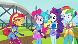 Size: 1920x1080 | Tagged: safe, screencap, pinkie pie, rainbow dash, rarity, sunset shimmer, equestria girls, g4, my little pony equestria girls: friendship games, friendship games motocross outfit, friendship games outfit, friendship games speedskating outfit, motocross outfit, motorcycle outfit, speedskating outfit, tri-cross relay outfit