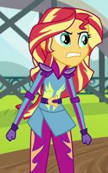 Size: 388x620 | Tagged: safe, screencap, sunset shimmer, equestria girls, g4, my little pony equestria girls: friendship games, angry, cropped, friendship games motocross outfit, friendship games outfit, motocross outfit, motorcycle outfit, solo, tri-cross relay outfit