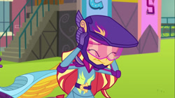 Size: 1920x1079 | Tagged: safe, screencap, sunset shimmer, equestria girls, g4, my little pony equestria girls: friendship games, friendship games motocross outfit, friendship games outfit, helmet, motocross outfit, motorcycle outfit, solo, tri-cross relay outfit
