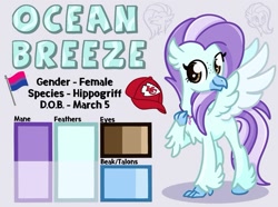 Size: 1037x771 | Tagged: safe, artist:redpalette, oc, oc only, oc:ocean breeze, classical hippogriff, hippogriff, baseball cap, bisexual pride flag, cap, claws, clothes, color palette, hat, hippogriff oc, jewelry, kansas city chiefs, looking at you, pride, pride flag, ref, reference sheet, smiling, smiling at you, solo, spread wings, wings