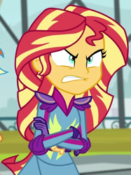 Size: 444x594 | Tagged: safe, screencap, sunset shimmer, equestria girls, g4, my little pony equestria girls: friendship games, angry, cropped, crossed arms, friendship games motocross outfit, friendship games outfit, motocross outfit, motorcycle outfit, solo, tri-cross relay outfit