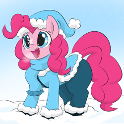 Size: 1280x1280 | Tagged: safe, artist:dendollae, pinkie pie, earth pony, pony, g4, breath, bundled up for winter, clothes, cute, diapinkes, female, happy, mare, snow, snowflake, solo, winter, winter outfit