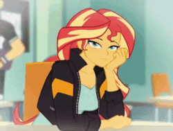 Size: 560x424 | Tagged: safe, artist:nairdags, sunset shimmer, equestria girls, g4, animated, bedroom eyes, blinking, blushing, blushing profusely, breasts, caught, cleavage, cute, embarrassed, female, gif, hand on face, lidded eyes, looking at you, looking away, shimmerbetes, sitting, solo, tsundere, tsunset shimmer