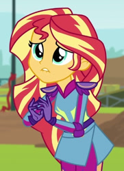 Size: 335x462 | Tagged: safe, screencap, sunset shimmer, equestria girls, g4, my little pony equestria girls: friendship games, cropped, friendship games motocross outfit, friendship games outfit, lip bite, motocross outfit, motorcycle outfit, solo, tri-cross relay outfit