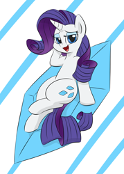 Size: 750x1050 | Tagged: safe, artist:dendollae, rarity, pony, unicorn, g4, cutie mark background, female, gem, hoof on cheek, lidded eyes, looking at you, mare, open mouth, sitting, smiling, solo