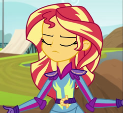 Size: 659x607 | Tagged: safe, screencap, sunset shimmer, equestria girls, g4, my little pony equestria girls: friendship games, cropped, eyes closed, friendship games motocross outfit, friendship games outfit, motocross outfit, motorcycle outfit, solo, tri-cross relay outfit