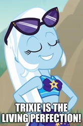Size: 675x1024 | Tagged: safe, trixie, equestria girls, equestria girls series, forgotten friendship, g4, caption, clothes, image macro, imgflip, op is wrong, sarong, sunglasses, swimsuit, text