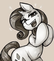 Size: 1350x1543 | Tagged: safe, artist:kyouman1010, rarity, pony, unicorn, belly, belly button, eyeshadow, female, grayscale, makeup, mare, monochrome, open mouth, smiling, solo