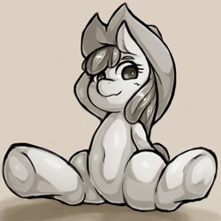 Size: 1543x1543 | Tagged: safe, artist:kyouman1010, apple bloom, earth pony, pony, g4, applejack's hat, belly button, cowboy hat, female, grayscale, hat, looking at you, mare, monochrome, sitting, smiling, solo, spread legs, spreading