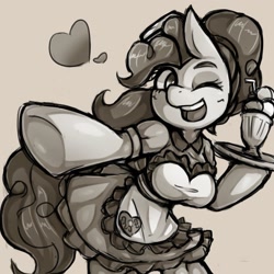 Size: 1543x1543 | Tagged: safe, artist:kyouman1010, pinkie pie, earth pony, anthro, g4, arm hooves, breasts, busty pinkie pie, clothes, cup, dress, female, grayscale, heart, hoof hold, monochrome, one eye closed, open mouth, platter, server pinkie pie, smiling, solo, wink