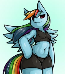 Size: 1350x1543 | Tagged: safe, artist:kyouman1010, rainbow dash, pegasus, anthro, g4, arm hooves, belly button, breasts, clothes, compression shorts, lidded eyes, small breasts, smiling, smirk, solo, sports bra