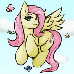 Size: 1543x1543 | Tagged: safe, artist:kyouman1010, fluttershy, butterfly, pegasus, pony, g4, cloud, female, flying, looking at you, mare, sky, smiling, solo