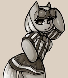 Size: 1350x1543 | Tagged: safe, alternate version, artist:kyouman1010, photo finish, anthro, g4, arm hooves, breasts, clothes, female, grayscale, looking at you, monochrome, shirt, skirt, smiling, solo, sunglasses