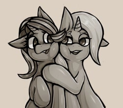 Size: 1543x1350 | Tagged: safe, artist:kyouman1010, starlight glimmer, trixie, pony, unicorn, g4, cheek squish, cheek to cheek, eye contact, female, grayscale, lesbian, looking at each other, mare, monochrome, ship:startrix, shipping, smiling, squishy cheeks