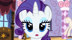 Size: 1280x720 | Tagged: safe, artist:blackgryph0n, rarity, pony, unicorn, g4, animated, bed, blinking, carousel boutique, denied, female, floppy ears, looking at you, mannequin, rarity's bedroom, show accurate, smiling, solo, sound, tabitha st. germain, talking, talking to viewer, twilightlicious, webm, youtube link