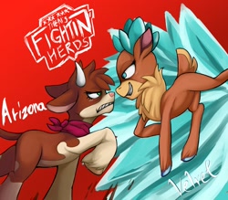 Size: 1543x1350 | Tagged: safe, artist:kyouman1010, arizona (tfh), velvet (tfh), cow, deer, reindeer, them's fightin' herds, community related, eye contact, female, frown, grin, looking at each other, smiling, unshorn fetlocks