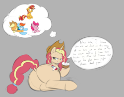 Size: 2179x1699 | Tagged: safe, artist:taurson, oc, oc:queen motherly morning, alicorn, earth pony, pegasus, pony, unicorn, alicorn oc, bedroom eyes, breaking the fourth wall, butt, clothes, colored sketch, commissioner:bigonionbean, cowboy hat, dialogue, embarrassed, extra thicc, female, flank, food, freckles, fusion, fusion:applejack, fusion:pinkie pie, fusion:rainbow dash, fusion:sunset shimmer, hat, holding a pony, horn, ice cream, large butt, looking at you, mare, plot, royalty, scrunchie, sketch, smiling, smirk, stetson, sundae, tail, tail aside, thought bubble, wings, writer:bigonionbean