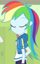 Size: 1920x3048 | Tagged: safe, screencap, rainbow dash, rarity, a queen of clubs, equestria girls, equestria girls series, g4, clothes, cropped, cutie mark, cutie mark on clothes, eyes closed, female, geode of super speed, hallway, high res, hoodie, jewelry, lockers, magical geodes, necklace, side view, solo focus