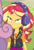 Size: 1920x2798 | Tagged: safe, screencap, sunset shimmer, sweetie belle, equestria girls, g4, my little pony equestria girls: better together, overpowered (equestria girls), clothes, cropped, cutie mark, cutie mark on clothes, female, geode of empathy, hallway, headphones, high res, jacket, jewelry, leather, leather jacket, lidded eyes, lockers, magical geodes, necklace, shrunken pupils, solo focus