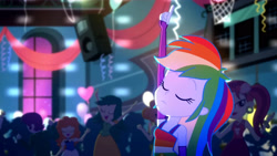 Size: 3410x1920 | Tagged: safe, screencap, rainbow dash, scribble dee, equestria girls, g4, my little pony equestria girls: summertime shorts, raise this roof, armpits, arms in the air, clothes, cutie mark, cutie mark on clothes, dress, eyes closed, fall formal outfits, female, fingerless gloves, gloves, hands in the air, high res, pointing, sleeveless, sleeveless dress, solo focus