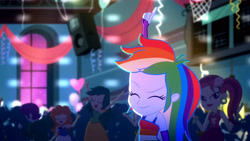 Size: 3410x1920 | Tagged: safe, screencap, rainbow dash, scribble dee, equestria girls, g4, my little pony equestria girls: summertime shorts, raise this roof, armpits, arms in the air, clothes, cutie mark, cutie mark on clothes, dress, eyes closed, fall formal outfits, female, fingerless gloves, gloves, hands in the air, high res, pointing, sleeveless, sleeveless dress, smiling, solo focus