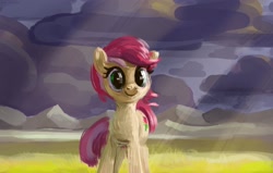 Size: 2172x1378 | Tagged: safe, anonymous artist, roseluck, earth pony, pony, g4, cloud, cloudy, cute, female, field, mare, painterly, rosabetes, scenery, smiling, solo, standing