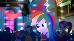 Size: 3410x1920 | Tagged: safe, screencap, rainbow dash, scribble dee, equestria girls, g4, my little pony equestria girls: summertime shorts, raise this roof, armpits, arms in the air, clothes, cutie mark, cutie mark on clothes, dress, faic, fall formal outfits, female, fingerless gloves, gloves, hands in the air, high res, pointing, sleeveless, sleeveless dress, smiling, smirk, smug, smugdash, solo focus