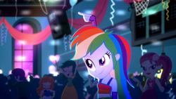 Size: 3410x1920 | Tagged: safe, screencap, rainbow dash, scribble dee, eqg summertime shorts, equestria girls, g4, raise this roof, armpits, arms in the air, background human, clothes, cutie mark, cutie mark on clothes, dress, faic, fall formal outfits, female, fingerless gloves, gloves, hands in the air, high res, pointing, raised eyebrow, sleeveless, sleeveless dress, smiling, smirk, smug, smugdash, solo focus