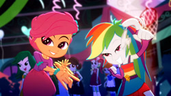 Size: 3410x1920 | Tagged: safe, screencap, rainbow dash, scootaloo, scribble dee, equestria girls, g4, my little pony equestria girls: summertime shorts, raise this roof, armpits, arms in the air, belt, clothes, cutie mark, cutie mark on clothes, dress, fall formal outfits, female, fingerless gloves, gloves, great moments in animation, hands in the air, legs, lidded eyes, male, pointing, skirt, sleeveless, sleeveless dress, smiling